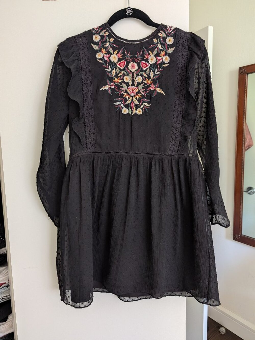 Zara Trafaluc Black Floral Embroidered Mini Dress Long Sleeve Size S